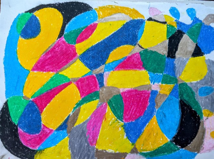 Gemaltes Bild aus geschwungenen Linien, deren Felder bunt und schwarz ausgemalt sind